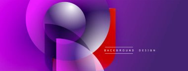 Soyut mor tasarım katmanlı şekiller, küre, dikdörtgen. Modern gradyan dinamik görsel efekt yaratır. Arkaplan metin ögelerini içerir.