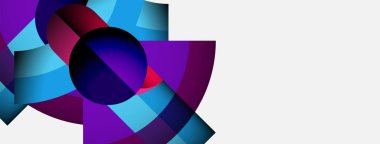 Soyut geometrik şekiller, canlı renkler, mor, mavi, kırmızı gradyanlar. Modern tasarım, temiz estetik, dijital çizim.