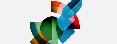 Soyut geometrik şekiller örtüşür, renkli kompozisyon oluşturur. Yumuşak eğimler derinlik öneriyor, dinamik görsel ilgi oluşturuyorlar.