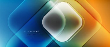 Soyut geometrik tasarım. Mavi, turuncu gradyanlar katmanlı elmas şekilleri yaratır. Dijital projeler için modern, canlı arkaplan.