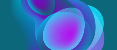 Soyut sıvı şekilleri örtüşür, parlak mavi ve mor renkler yaratır. Pürüzsüz geçişler, hareket ve derinliği akla getiriyor. Modern tasarım ögesi.