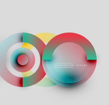 Soyut daireler örtüşüyor, canlı renk eğimleri yaratıyor. Modern tasarım elementleri dinamik görsel kompozisyon önerir.
