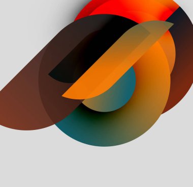 Soyut kompozisyon. Üst üste binen şekiller dinamik görsel efekt yaratır. Sıcak, serin renkler karışır, sıvı formlar oluşturur. Minimalist tasarım.