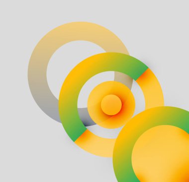Soyut daireler örtüşüyor, gradyanlar turuncu, yeşil, gri karışımı. Minimalist tasarım, yumuşak gölgeler derinlik yaratır, modern estetik.