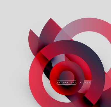 Soyut kırmızı dairesel tasarım. Üst üste binen şekiller dinamik görsel efekt yaratır. Minimalist tarz, modern estetik. Arkaplan gri.