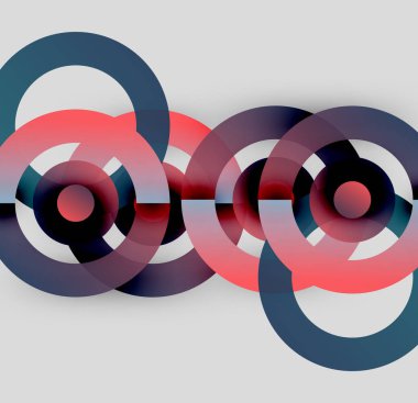 Üst üste binen daireler içeren soyut kompozisyon. Kırmızı, mavi renkler dinamik görsel efekt yaratır. Modern tasarım, basit geometri.