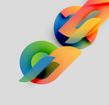 Soyut şekiller örtüşüyor, canlı renk değişimleri yaratıyor. Düz eğriler kesişiyor, dinamik bileşim oluşturuyor. Işık yüzeylerden yansıyor.