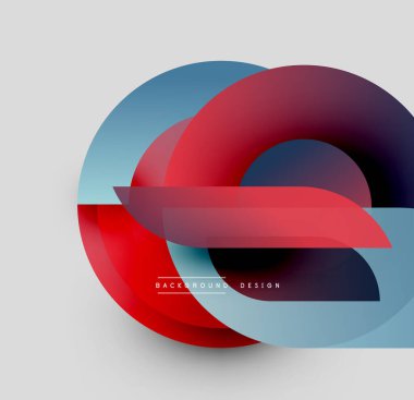 Soyut geometrik şekiller örtüşüyor, canlı renk eğimleri yaratıyor. Kırmızı, mavi renkler modern estetik sunarak tasarıma hükmediyor.