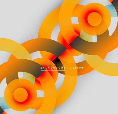 Soyut daireler üst üste binerek dinamik turuncu katmanlar oluşturuyor. Modern tasarım, gradyanlar, kıvrımlar, açık gölgeler içerir. Minimalist arkaplan.