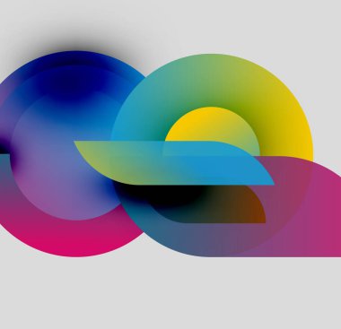 Soyut renkli şekiller örtüşür, dinamik görsel kompozisyon yaratır. Gradyanlar renkleri karıştırır, sıvı formları oluşturur. Modern tasarım ögesi.