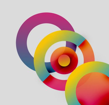 Renkli eş merkezli daireler çakışıyor ve canlı bir görsel etki yaratıyor. Modern tasarım, soyut kompozisyon, parlak renkler resme hakim..