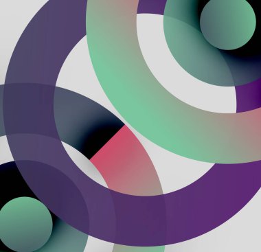 Soyut kompozisyon. Üst üste binen daireler dinamik görsel efekt yaratır. Renkler karışıyor, ilginç şekiller, gradyanlar oluşturuyor. Modern tasarım.