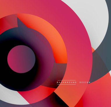 Soyut çemberler çakışıyor, canlı gradyanlar yaratıyor. Kırmızı, turuncu, siyah, gri renkler kompozisyona hakim. Modern tasarım ögesi.
