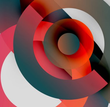 Soyut dairesel tasarım. Kırmızı, beyaz, gri, siyah renkler harmanlanır. Dinamik kompozisyon görsel ilgi yaratıyor, modern estetik.