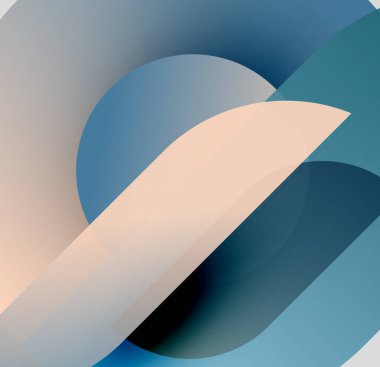 Soyut kompozisyon. Üst üste binen şekiller yumuşak gradyanlar, maviler, şeftali renkleri yaratır. Minimalist tasarım, modern estetik. Sorunsuz geçişler.