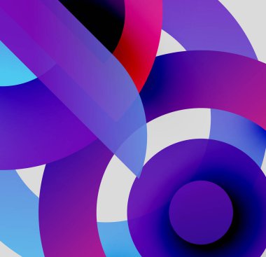 Üstüste binen şeffaf daireler içeren soyut bir kompozisyon. Canlı mor, mavi, kırmızı renkler dinamik görsel efekt yaratır. Modern tasarım.