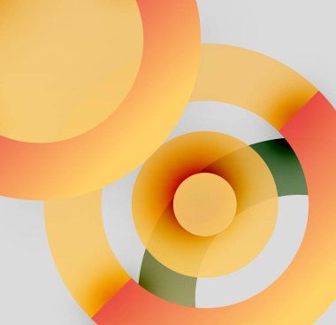 Soyut daireler üst üste binerek sıcak renk eğimleri yaratıyor. Yumuşak şekiller derinliği, ışık etkileşimini akla getiriyor. Minimalist tasarım, modern estetik.