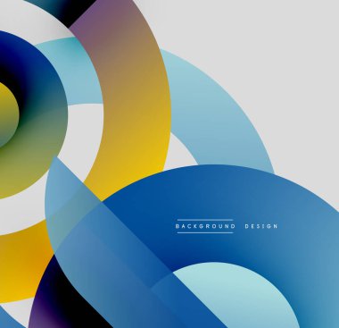 Soyut daireler örtüşüyor, canlı renk eğimleri yaratıyor. Modern tasarım pürüzsüz geçişler, kalın şekiller, dinamik bileşimler içerir.