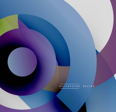 Soyut daireler örtüşüyor, canlı renk eğimleri yaratıyor. Maviler, morlar, beyazlar, ipuçları sarı. Modern estetik.