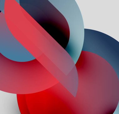 Soyut şekiller örtüşür, canlı renk karışımları yaratır. Kırmızı, mavi, beyaz baskın kompozisyon. Yumuşak gradyanlar biçimleri tanımlar.