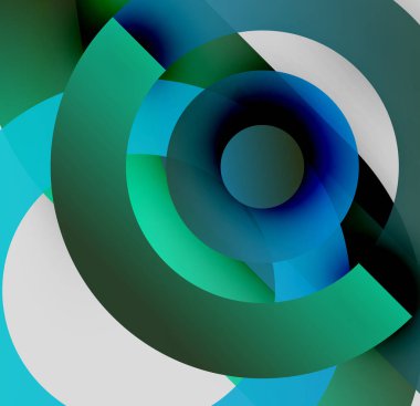 Soyut kompozisyon. Üst üste binen daireler dinamik görsel efekt yaratır. Gölgeler gök mavisi ile koyu mavi arasında, artı beyaz gölgeler.