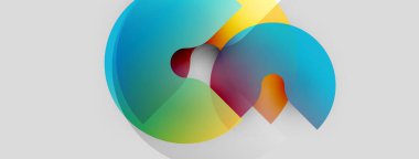 Soyut renkli şekiller örtüşür, dinamik görsel efekt yaratır. Gradyan renkler harmanlanır, hareket, enerji, yenilik önerilir.