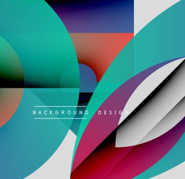 Soyut geometrik bileşim. Üst üste binen şekiller canlı renk eğimleri, modern tasarım elementleri yaratır. Arkaplan özellikleri daireler, kareler, çizgiler.