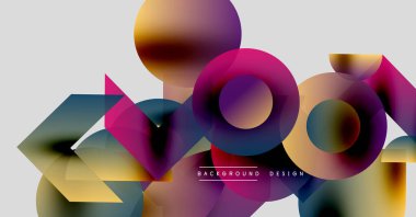 Soyut renkli şekiller çakışıyor. Çemberler, üçgenler dinamik bileşim yaratır. Modern tasarım, canlı renkler, pürüzsüz gradyanlar.