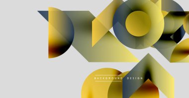 Soyut geometrik şekiller örtüşür, dinamik bileşim yaratır. Sarılar, maviler, kahverengiler nötr arka plana hakim. Modern tasarım elemanları.