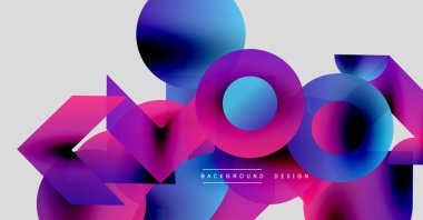 Soyut geometrik şekiller, canlı renkler, modern tasarım. Üst üste binen katmanlar dinamik görsel efekt yaratır. Arkaplanda gradyanlar, pembeler, maviler var.