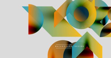 Soyut geometrik şekiller örtüşür, canlı renk karışımları yaratır. Modern tasarım elementleri akıcılık ve dinamizmi önerir.