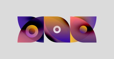 Soyut şekiller, canlı renkler, üst üste binen katmanlar dinamik görsel kompozisyon oluşturur. Modern tasarım, yumuşak eğimler, dairesel elementler mevcut.