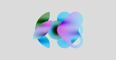 Soyut şekiller örtüşür, yumuşak renk karışımları yaratır. Hafif maviler, morlar, pembeler tarafsız arkaplanda baskın gelir. Akışkanlık, hareket.