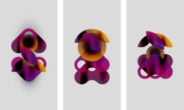 Soyut sanat eserleri. Üç panel üst üste binen renkli şekilleri, gradyanları ve mor renkleri gösteriyor. Modern tasarım.