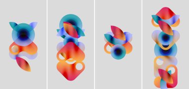 Soyut renkli şekiller örtüşür, dinamik kompozisyonlar oluşturur. Yumuşak gradyanlar mavileri, kırmızıları, portakalları, sarıları harmanlarlar. Minimalist tasarım.