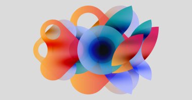 Soyut sıvı şekilleri örtüşür, canlı renk karışımları yaratır. Yumuşak eğimler hareketi, ışığı, derinliği gösterir. Modern tasarım ögesi.