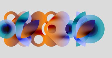 Üstüste binen şeffaf daireler içeren soyut bir kompozisyon. Turuncu, mavi renkler nötr arka plana hakim. Modern tasarım ögesi.