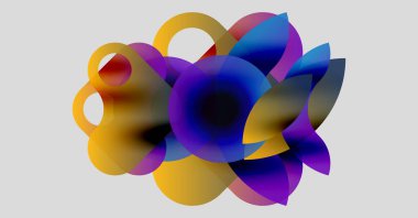 Soyut kompozisyon. Üst üste binen şeffaf daireler canlı renk karışımları, sarılar, maviler, morlar yaratır. Modern dijital sanat.