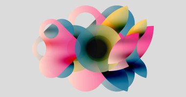 Soyut kompozisyon. Üst üste binen renkli şekiller dinamik çiçek izleri yaratır. Yumuşak eğimler, modern tasarım.