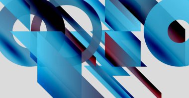 Soyut geometrik bileşim. Mavi, bordo rengi şekiller üst üste biniyor ve dinamik görsel efekt yaratıyor. Temiz çizgiler, modern tasarım.