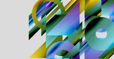 Soyut geometrik bileşim. Üst üste binen şekiller, canlı renkler dinamik görsel deneyimler yaratır. Modern tasarım, temiz çizgiler hakim..