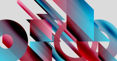 Soyut kompozisyon. Geometrik şekiller örtüşür, dinamik görsel efekt yaratır. Kırmızı, mavi gradyanlar nötr arkaplana hakim. Modern tasarım.