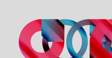 Soyut üst üste binen daireler, canlı kırmızı, mavi renkler. Minimalist tasarım, temiz arka plan, modern estetik. Basit geometri, görsel etki.