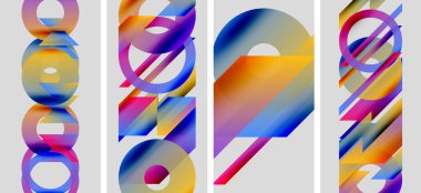 Soyut sanat eserleri renkli örtüşen şekiller içerir. Gradyan renkler harmanlanarak, dinamik görsel etki yaratır. Modern tasarım, canlı palet.