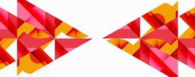 Soyut geometrik tasarım. Kırmızı, pembe, turuncu üçgenler beyaz arkaplanda aynalı desenler oluştururlar. Modern, canlı kompozisyon.