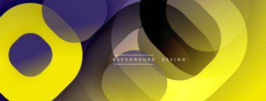 Soyut, enerjik tasarım, üst üste binen daireler. Sarı, mor, siyah renkler dinamik görsel efekt yaratır. Modern estetik.