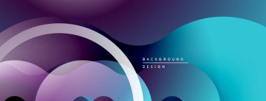 Soyut sıvı şekilleri örtüşür, parlak mor ve mavi renkler yaratır. Modern tasarım hareketi çağrıştırıyor, derinliği. Minimalist estetik.