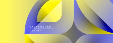 Soyut geometrik şekiller çakışıyor. Sarı, mavi, gri gradyanlar modern tasarım yaratır. Metin arka plan tasarımı okur. Minimalist estetik.