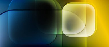 Soyut kompozisyon. Üstüste binen şeffaf kareler, eğriler, gradyanlar. Mavi, sarı, yeşil renkler koyu arkaplana hakim. Modern tasarım.