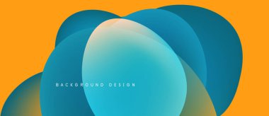 Soyut sıvı şekilleri örtüşür ve canlı renk değişimleri yaratır. Turuncu arka plan mavi, turkuaz renkleri tamamlar. Modern tasarım ögesi.